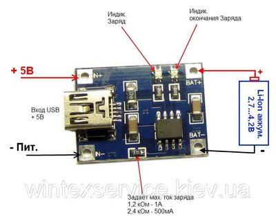 Модуль заряду li-on акумуляторів TP4056 mini USB ДК-71 фото